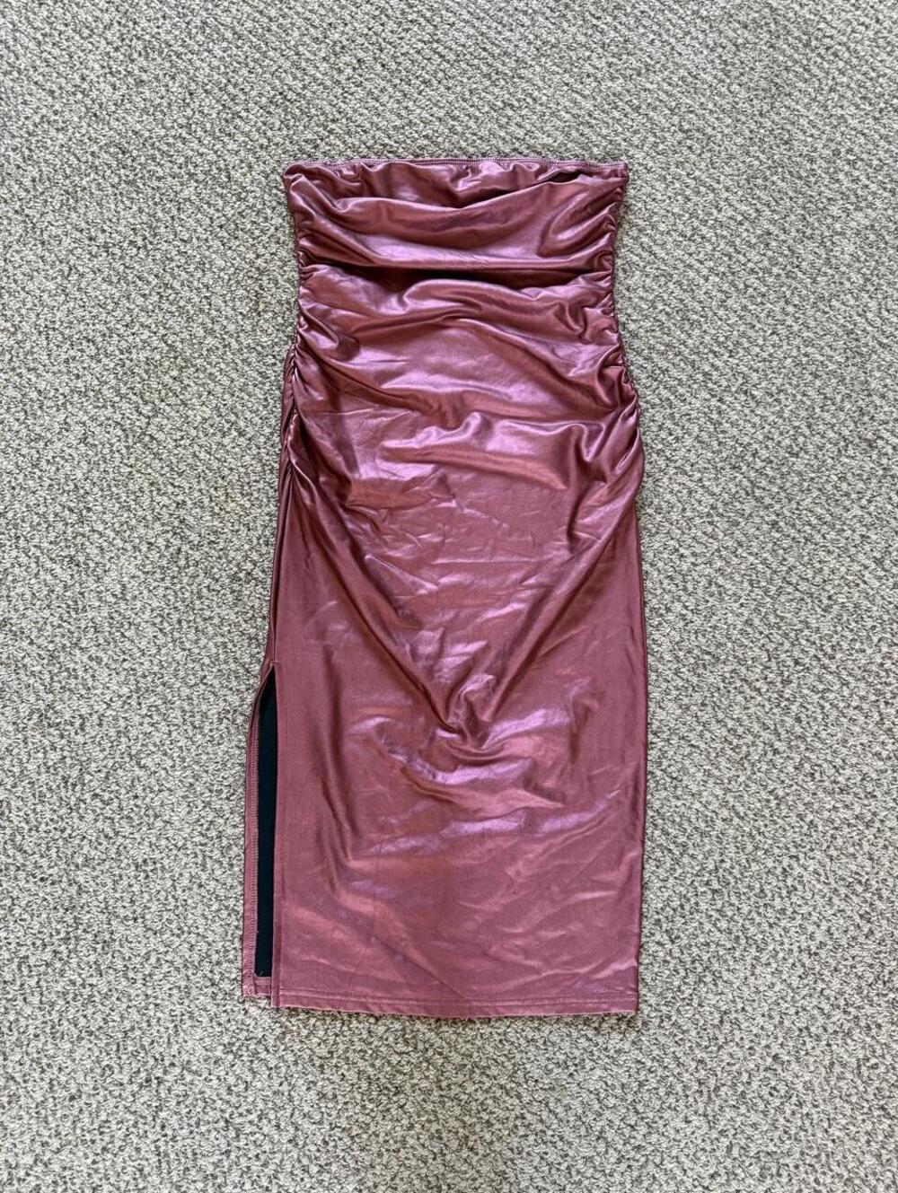Burgundy metallic strapless midi dress with side slit